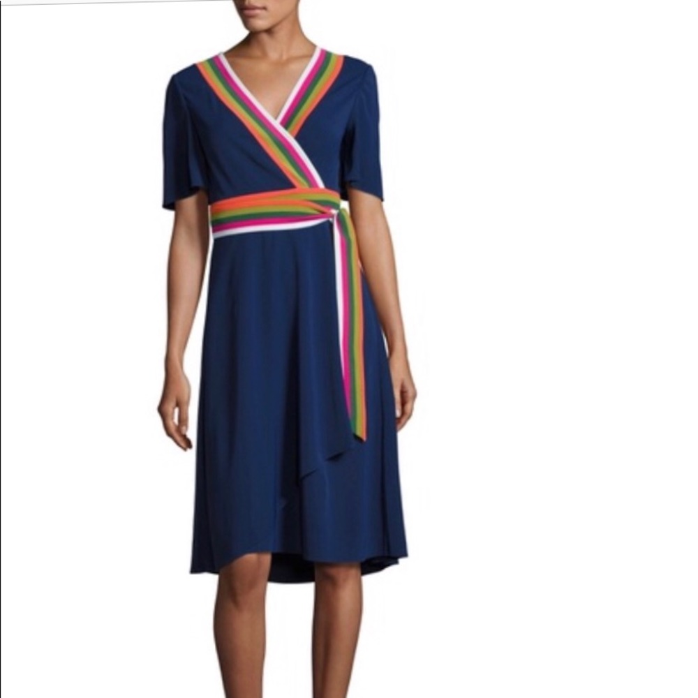 Tory Burch Navy Dress Peggy with Vibrant Multicolor Stripes